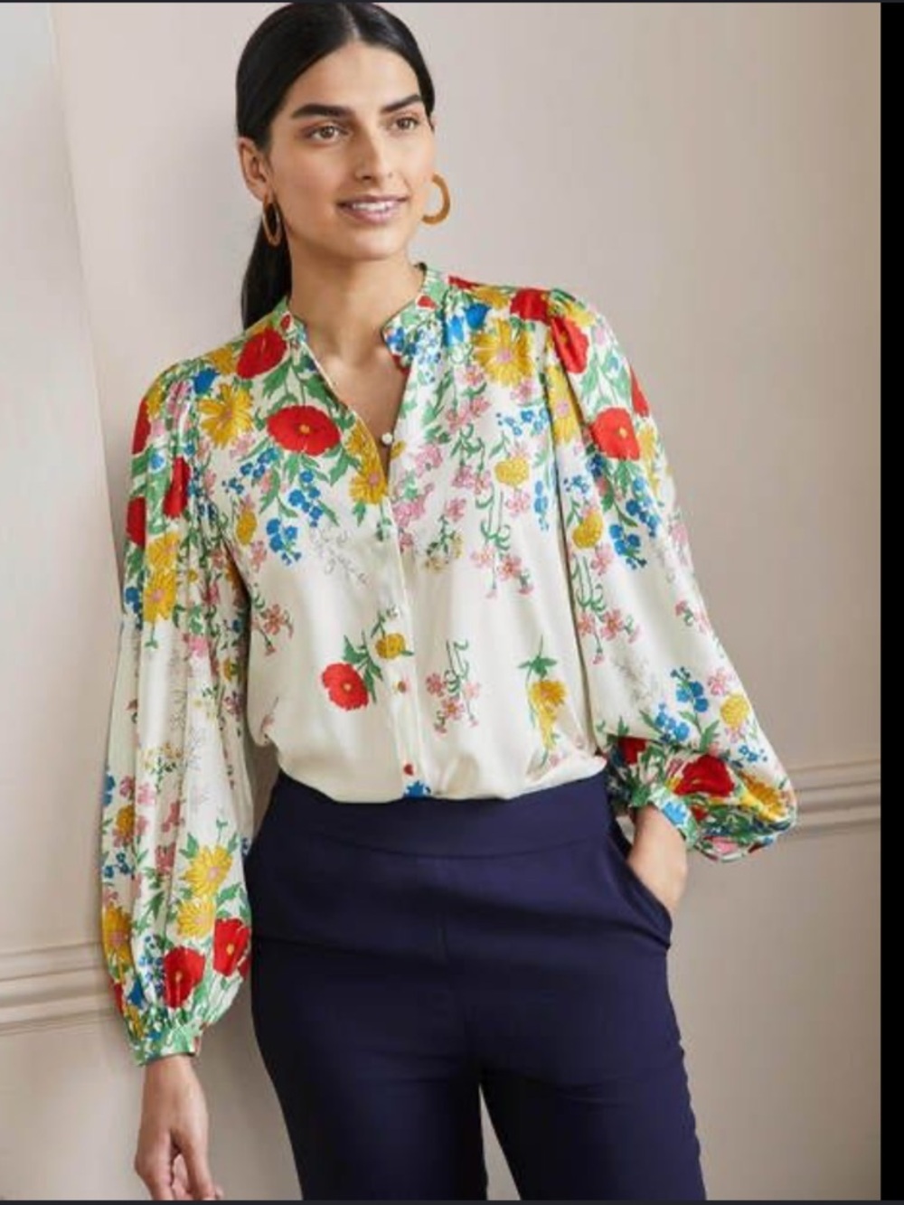 Boden Floral Print Blouse Top Size 10 Ivory Multicolor Balloon Sleeve